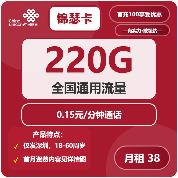 联通锦瑟卡38元月包220G通用流量+通话0.15元/分钟（长期套餐，仅发深圳市内）