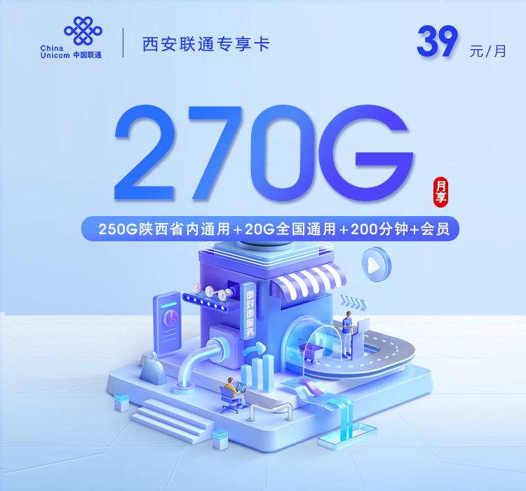 联通西安专享卡39元月包20G通用流量+250G陕西通用流量+200分钟通话+视频会员（长期套餐，仅发西安市内）