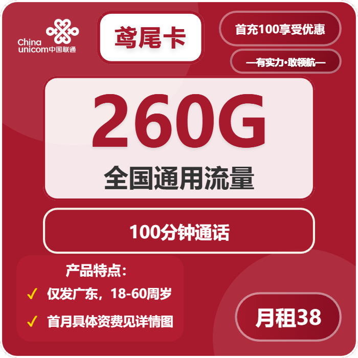 联通鸢尾卡38元月包260G通用流量+100分钟通话（长期套餐，套餐次月生效，仅发广东省内）