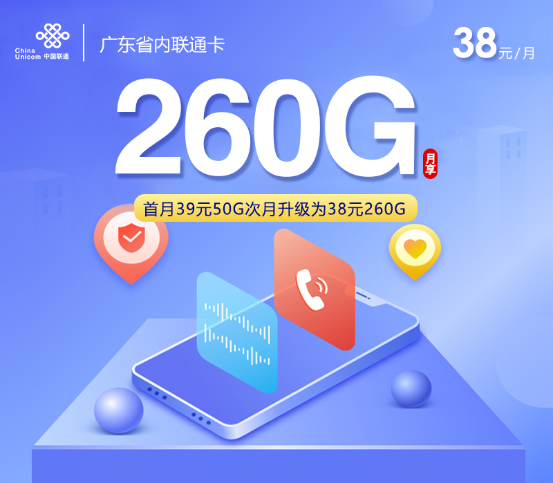联通广东省内卡⑤38元月包230G通用流量+30G定向流量+通话0.15元/分钟（长期套餐，仅发广东省内）