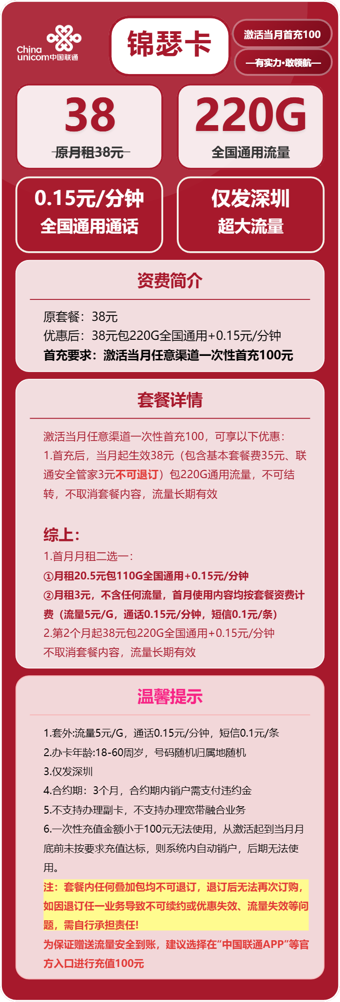 联通锦瑟卡38元月包220G通用流量+通话0.15元/分钟（长期套餐，仅发深圳市内）