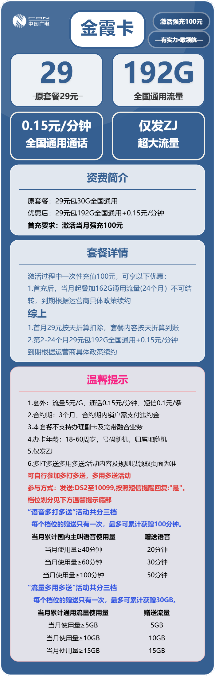 广电金霞卡29元月包192G通用流量+通话0.15元/分钟(仅发浙江省内)