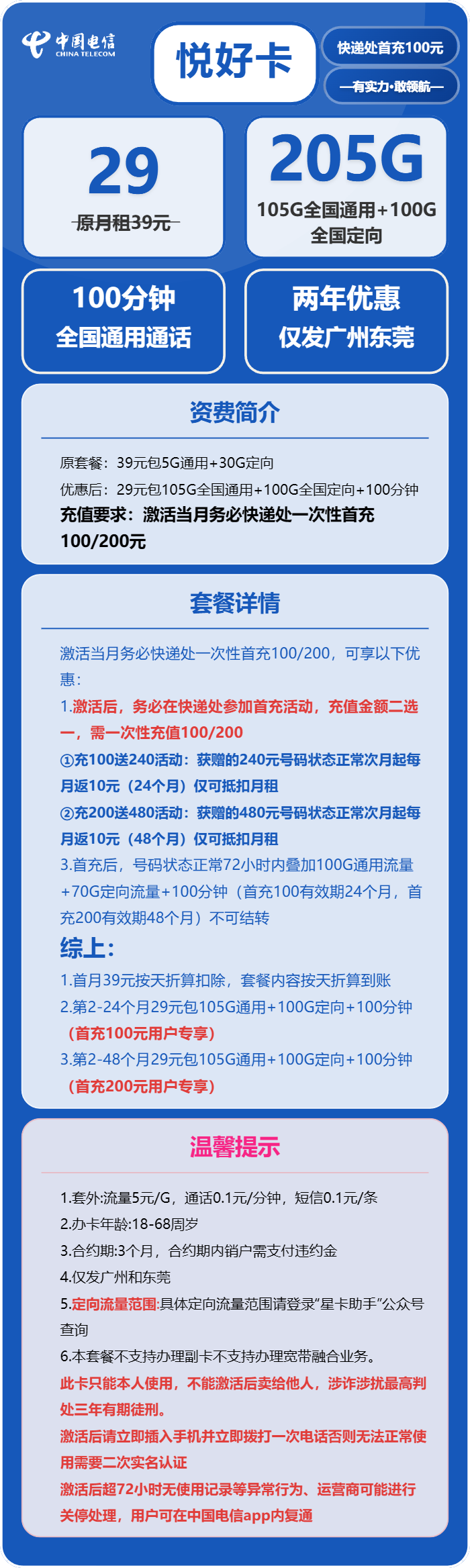 电信悦好卡29元月包105G通用流量+100G定向流量+100分钟通话（仅发广州、东莞）