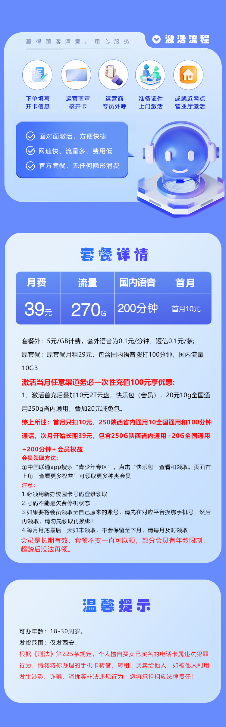 联通西安专享卡39元月包20G通用流量+250G陕西通用流量+200分钟通话+视频会员(长期套餐,仅发西安市内)