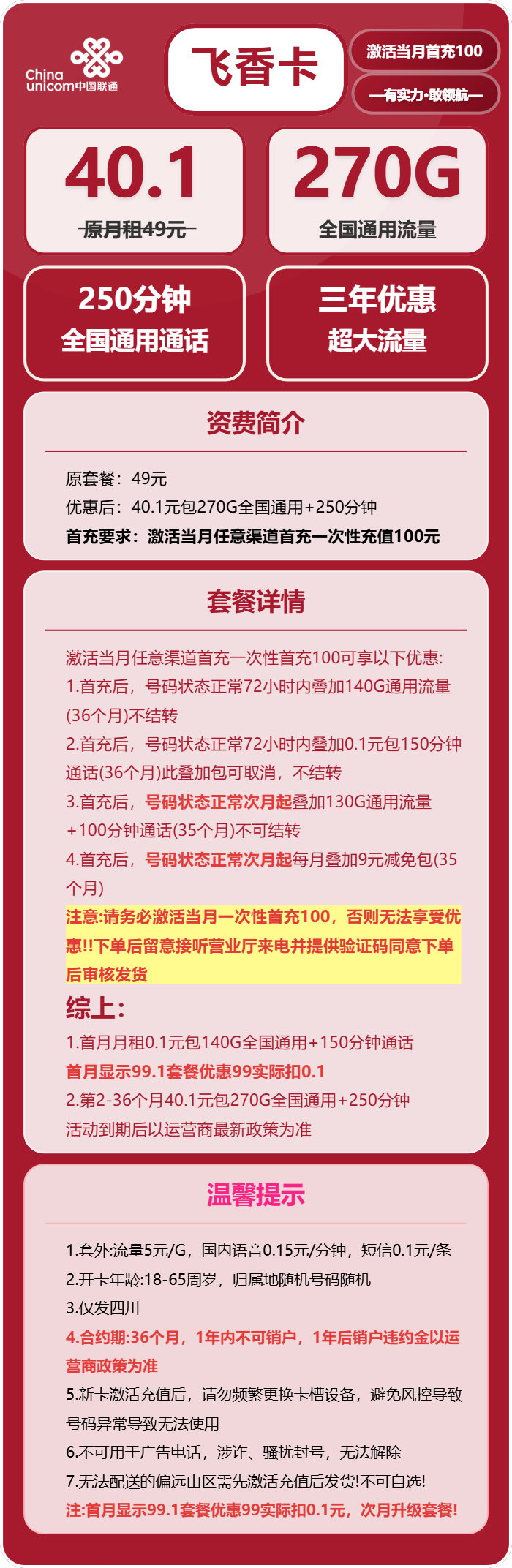 联通飞香卡40.1元月包270G通用流量+250分钟通话（仅发四川省内）