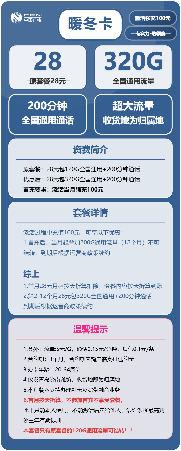 广电暖冬卡28元月包320G通用流量+200分钟通话(仅发济南、青岛、潍坊)
