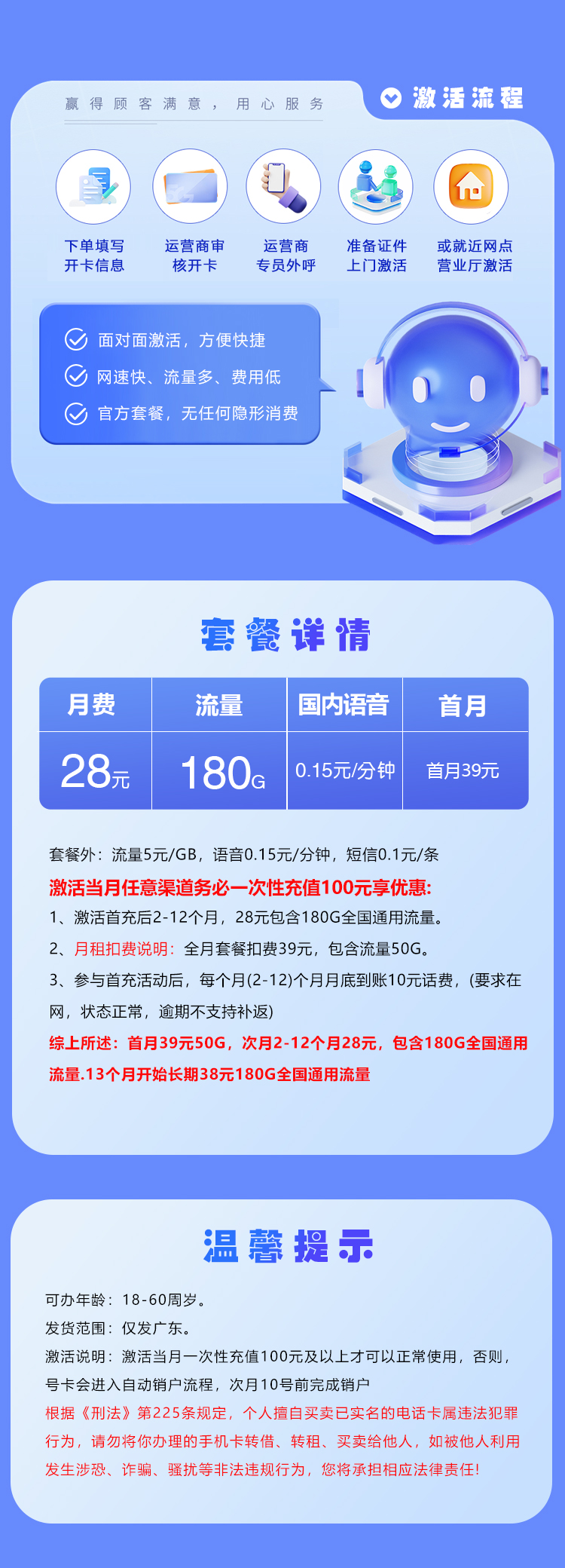 联通广东专享卡③28元月包180G通用流量+通话0.15元/分钟（长期套餐，仅发广东省内）