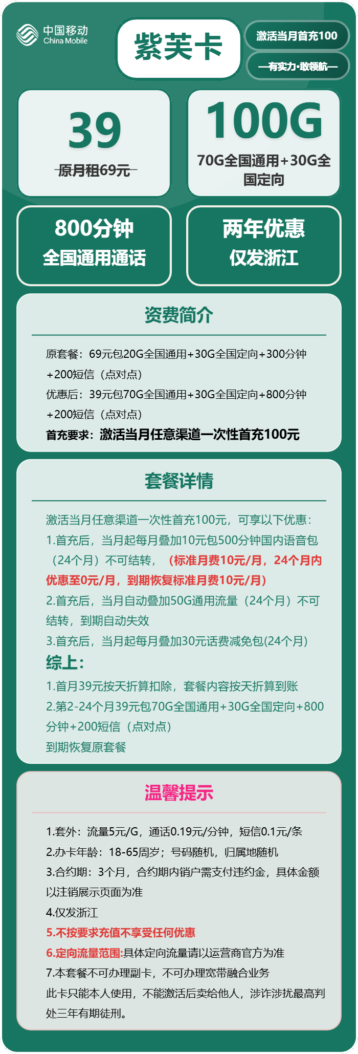 移动紫芙卡39元月包70G通用流量+30G定向流量+800分钟通话(仅发浙江省内)