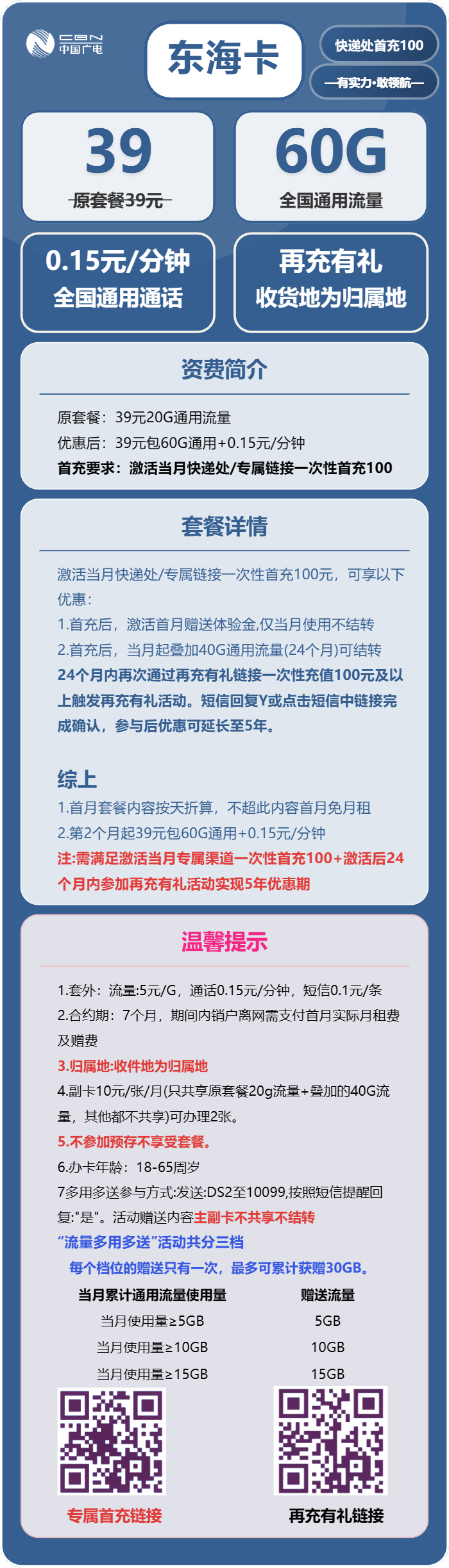 广电东海卡39元月包60G通用流量+通话0.15/分钟(5年套餐,收货地为归属地)