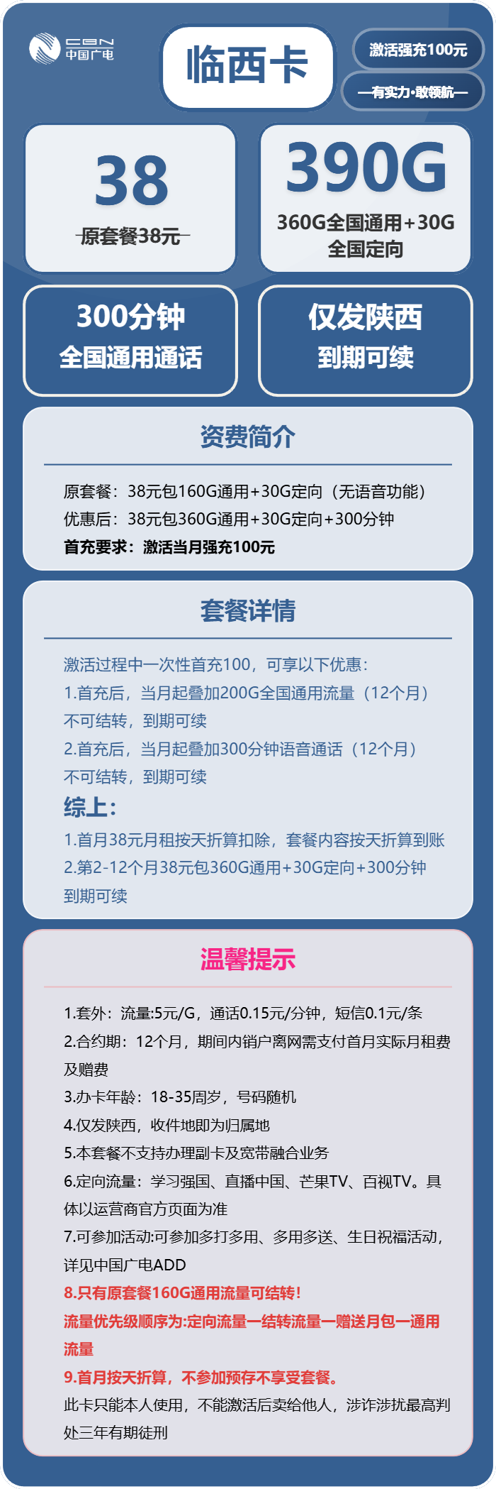广电临西卡38元月包360G通用流量+30G定向流量+300分钟通话(长期套餐,仅发陕西省内)