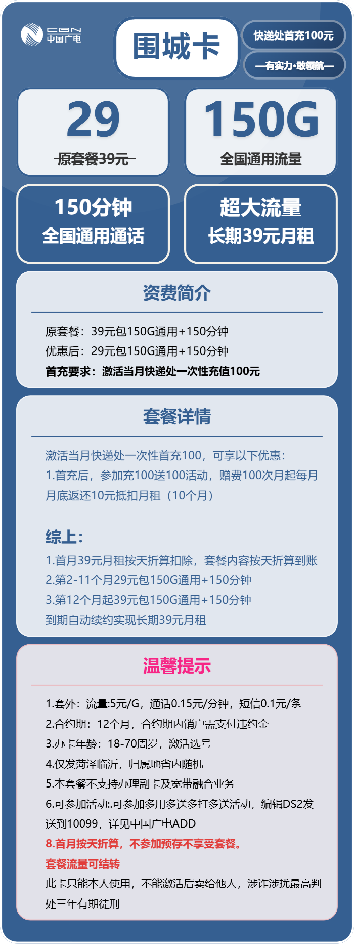广电围城卡29元月包150G通用流量+150分钟通话（长期套餐，仅发菏泽、临沂市内）
