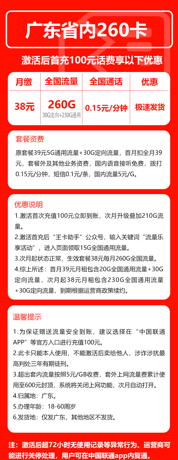 联通广东省内260卡38元月包230G通用流量+30G定向流量+通话0.15元/分钟（长期套餐，次月生效260G，仅发广东省内）