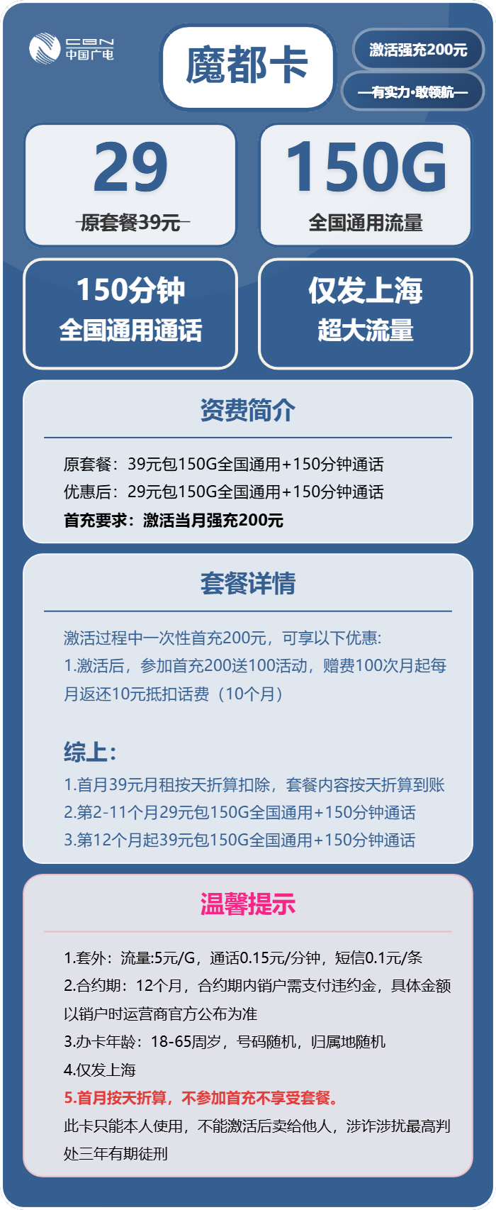广电魔都卡29元月包150G通用流量+150分钟通话（长期套餐，仅发上海市内）