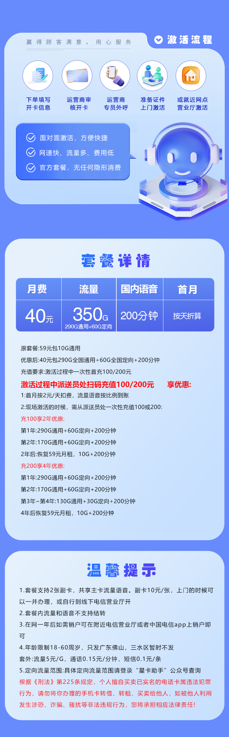 电信佛山专享卡40元月包290G通用流量+60G定向流量+200分钟通话(仅发佛山市内)