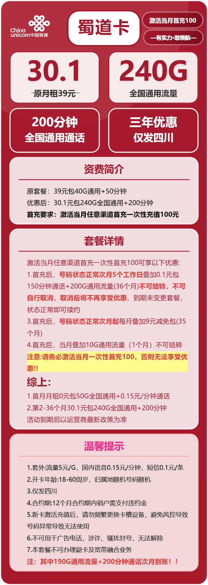 联通蜀道卡30.1元月包240G通用流量+200分钟通话(仅发四川省内)