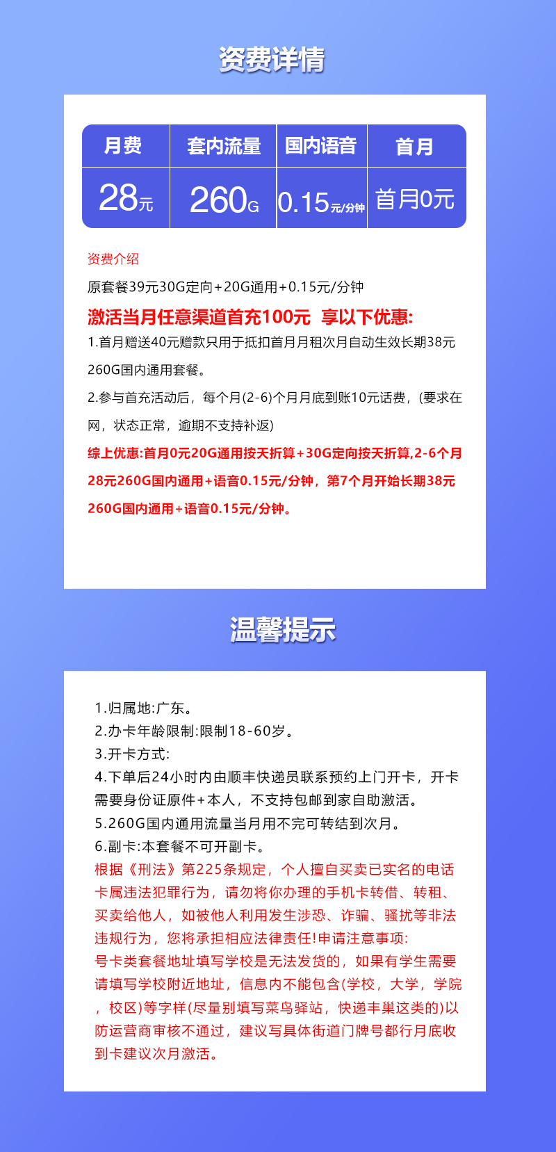 联通广东专属省内卡28元月包260G通用流量+通话0.15元/分钟(长期套餐。仅发广东省内)