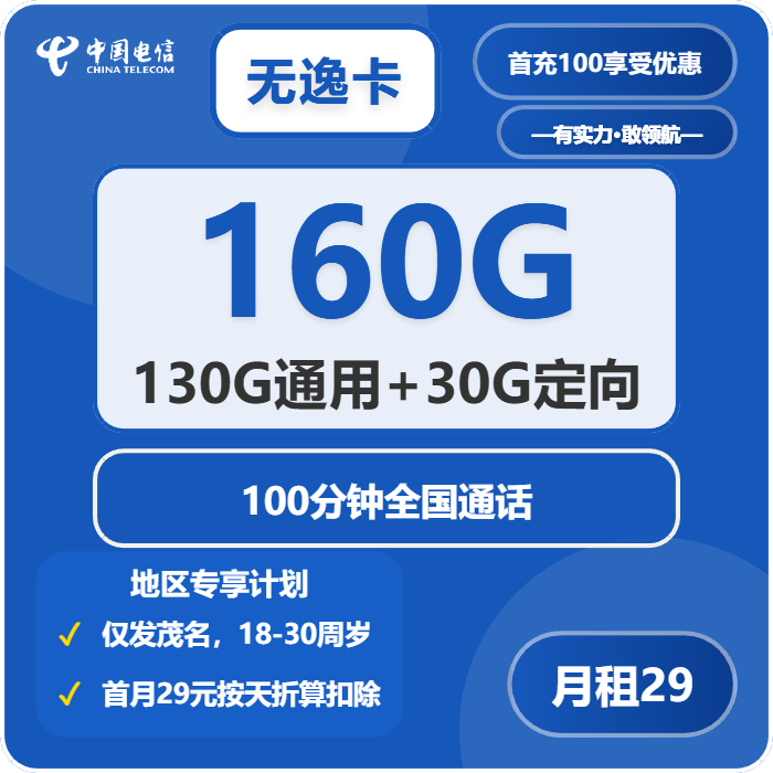 电信无逸卡29元月包130G通用流量+30G定向流量+100分钟通话（4年套餐，仅发茂名市内）