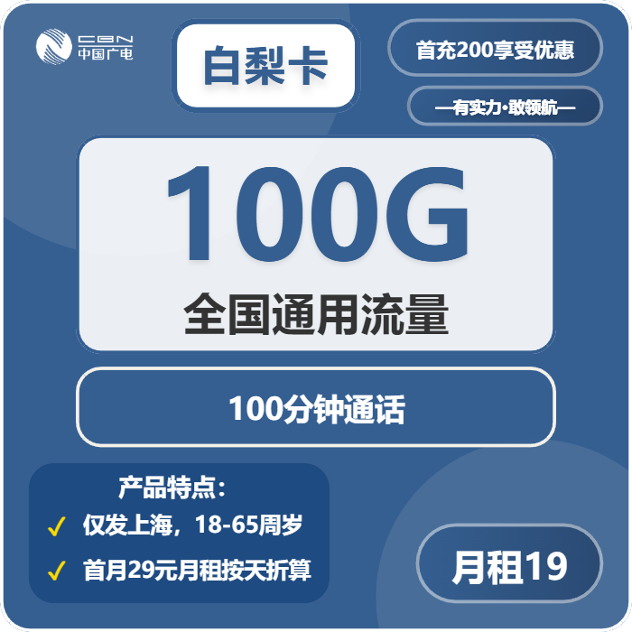 广电白梨卡19元月包100G通用流量+100分钟通话（长期套餐，仅发上海市内）