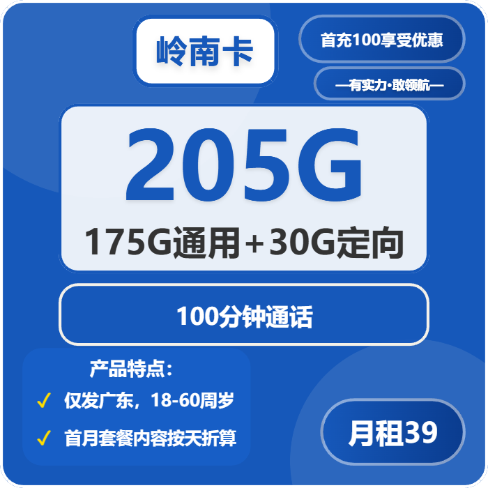 电信岭南卡39元月包175G通用流量+30G定向流量+100分钟通话（长期套餐，仅发广东省内）
