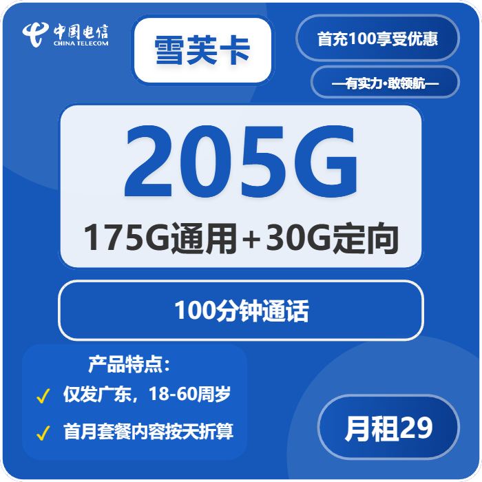 电信雪芙卡29元月包175G通用流量+30G定向流量+100分钟通话（长期套餐，仅发广东省内）