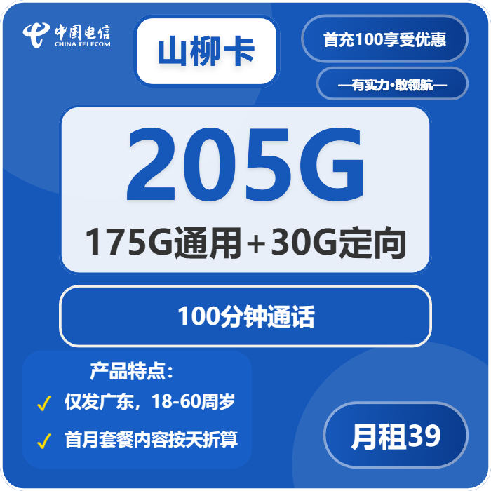 电信山柳卡39元月包175G通用流量+30G定向流量+100分钟通话（长期套餐，仅发广东省内）
