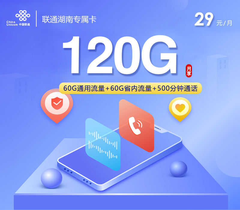 联通湖南专属卡29元月包60G通用流量+60G湖南通用流量+500分钟通话（长期套餐，仅发湖南省内）
