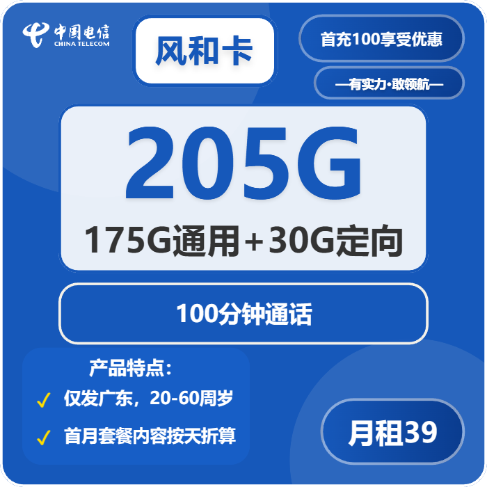 电信风和卡39元月包175G通用流量+30G定向流量+100分钟通话（长期套餐，仅发广东省内）