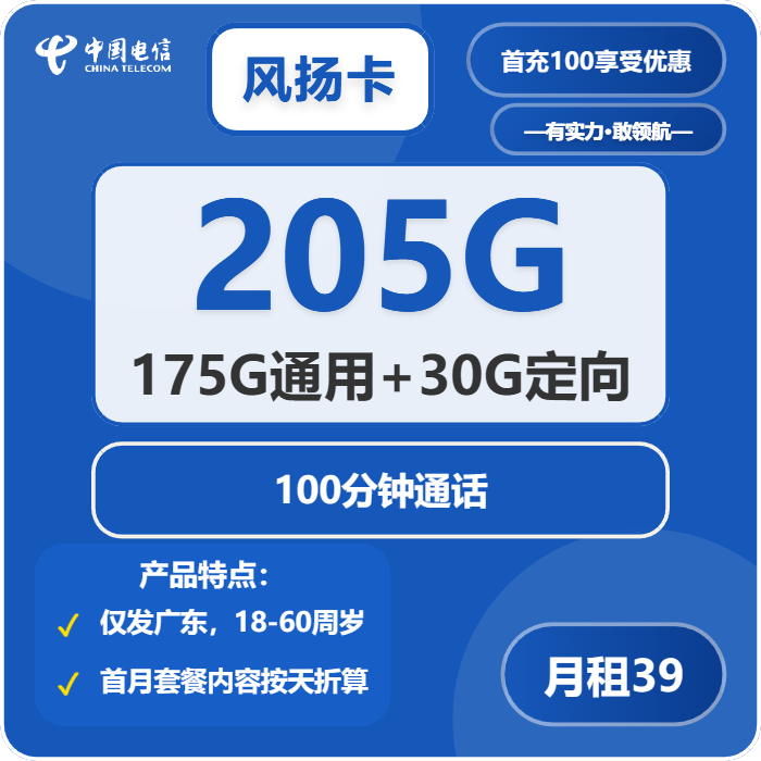 电信风扬卡39元月包175G通用流量+30G定向流量+100分钟通话（长期套餐，仅发广东省内）