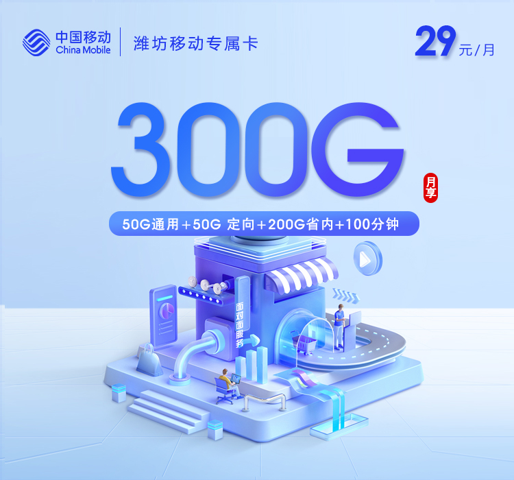 移动潍坊专属卡29元月包50G通用流量++200G山东通用流量+50G定向流量+100分钟通话（仅发山东省潍坊市）