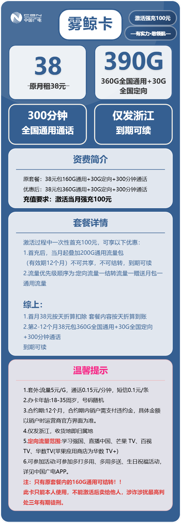 广电雾鲸卡38元月包360G通用流量+30G定向流量+300分钟通话(长期套餐,仅发浙江省内)