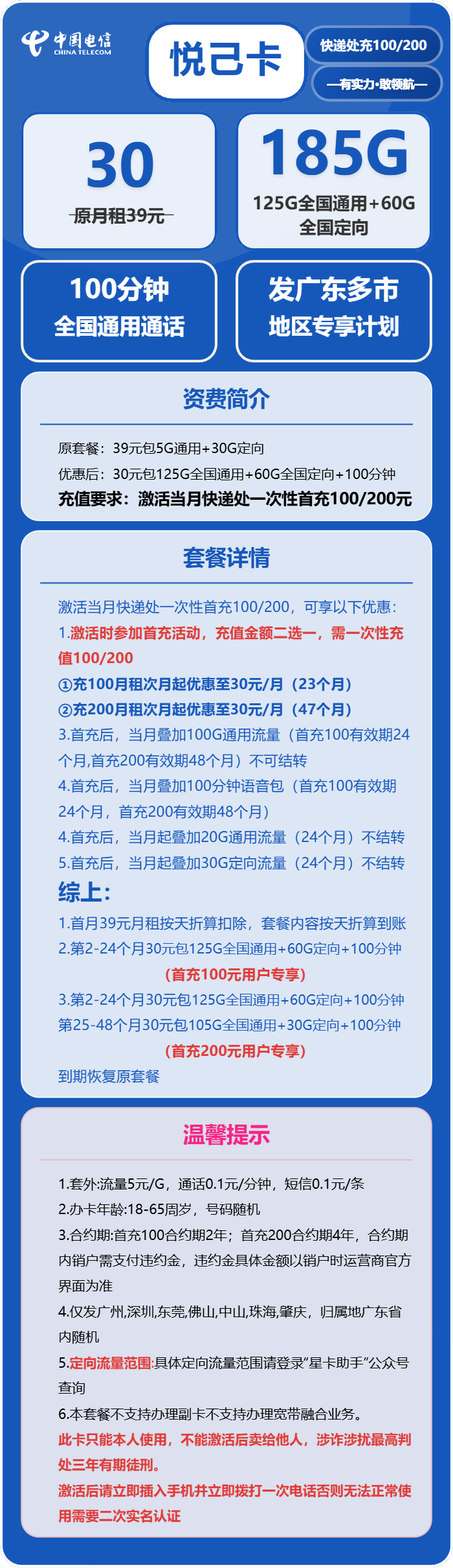 电信悦己卡30元月包125G通用流量+60G定向流量+100分钟通话(仅发深圳、东莞、佛山、中山、珠海、肇庆)