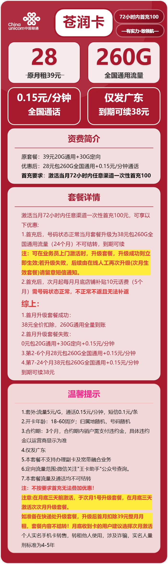 联通苍润卡28元月包260G通用流量+通话0.15元/分钟（长期套餐，仅发广东省内）