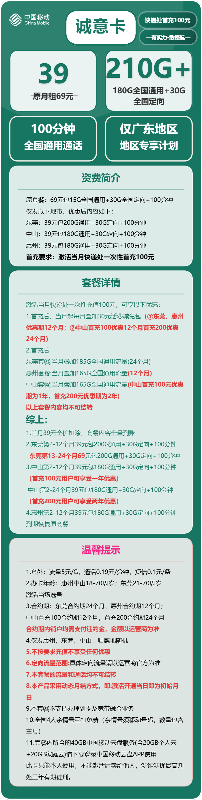 移动诚意卡39元月包180G通用流量+30G定向流量+100分钟通话(仅发广东省东莞市、中山市、惠州市)