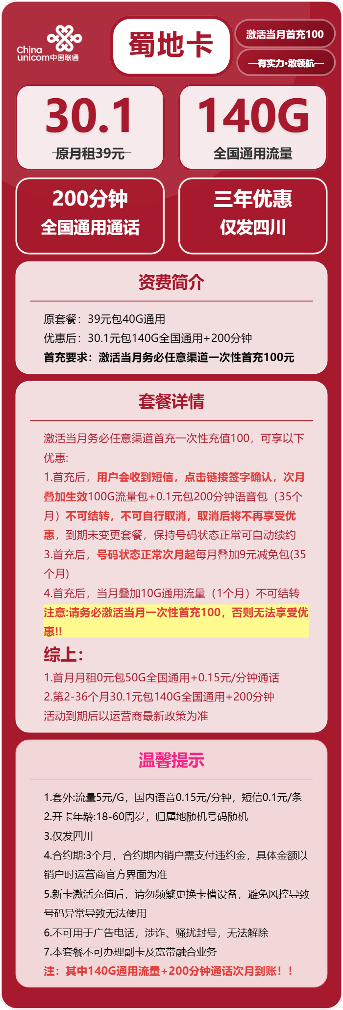 联通蜀地卡30.1元月包140G通用流量+200分钟通话（套餐次月生效，仅发四川省内）