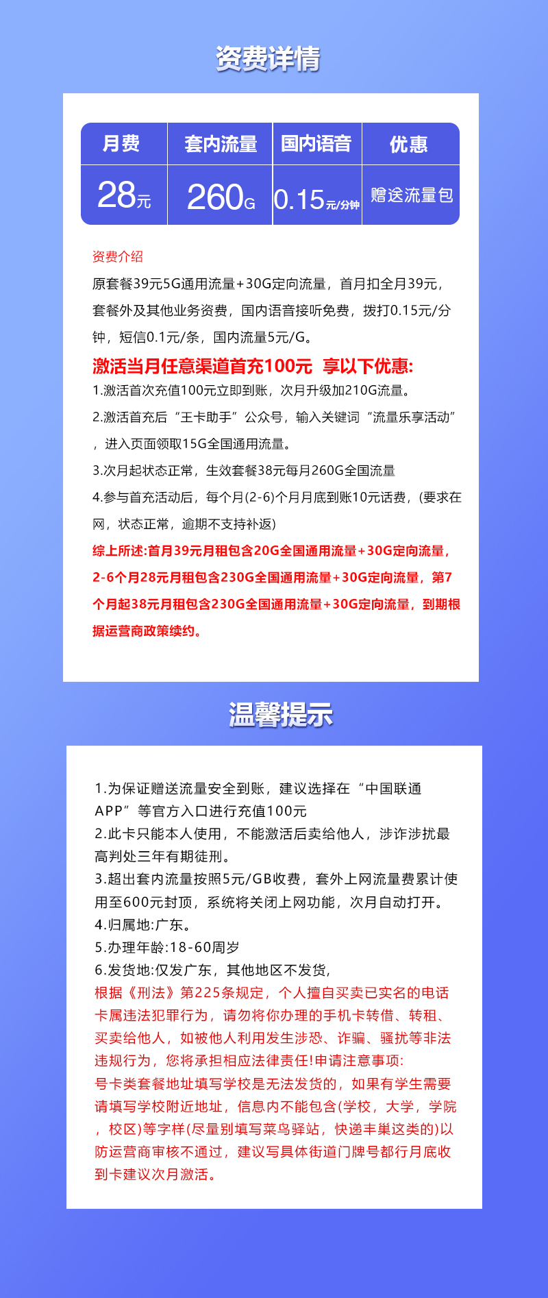 联通广东省内卡⑥28元月包230G通用流量+30G定向流量+通话0.15元/分钟(长期套餐,仅发广东省内)