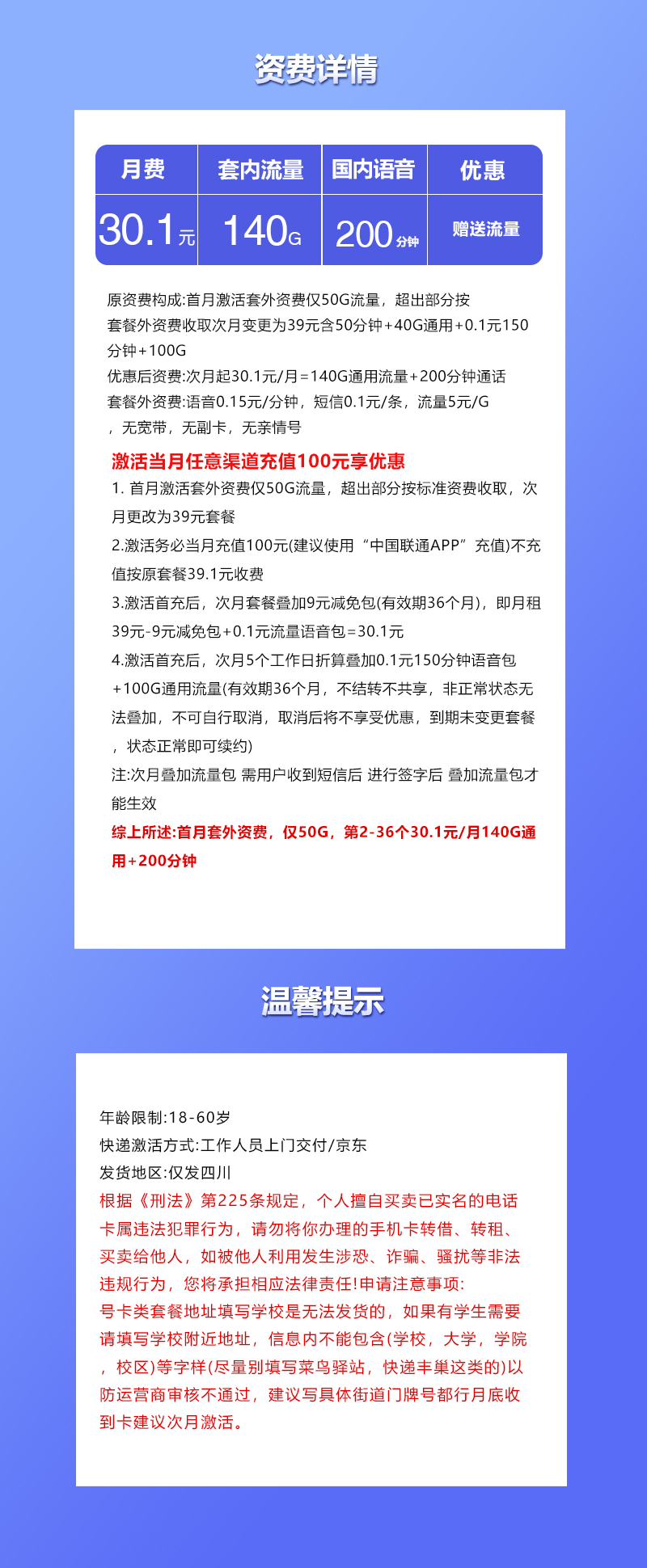 联通四川省内卡30.1元月包140G通用流量+200分钟通话（仅发四川省内）