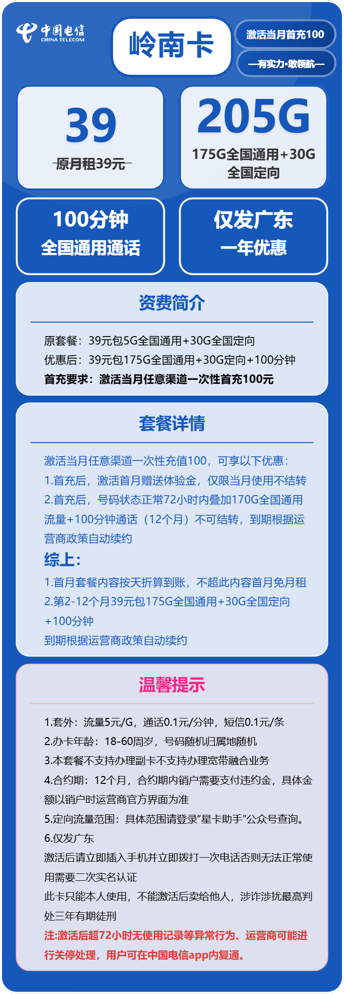 电信岭南卡39元月包175G通用流量+30G定向流量+100分钟通话（长期套餐，仅发广东省内）