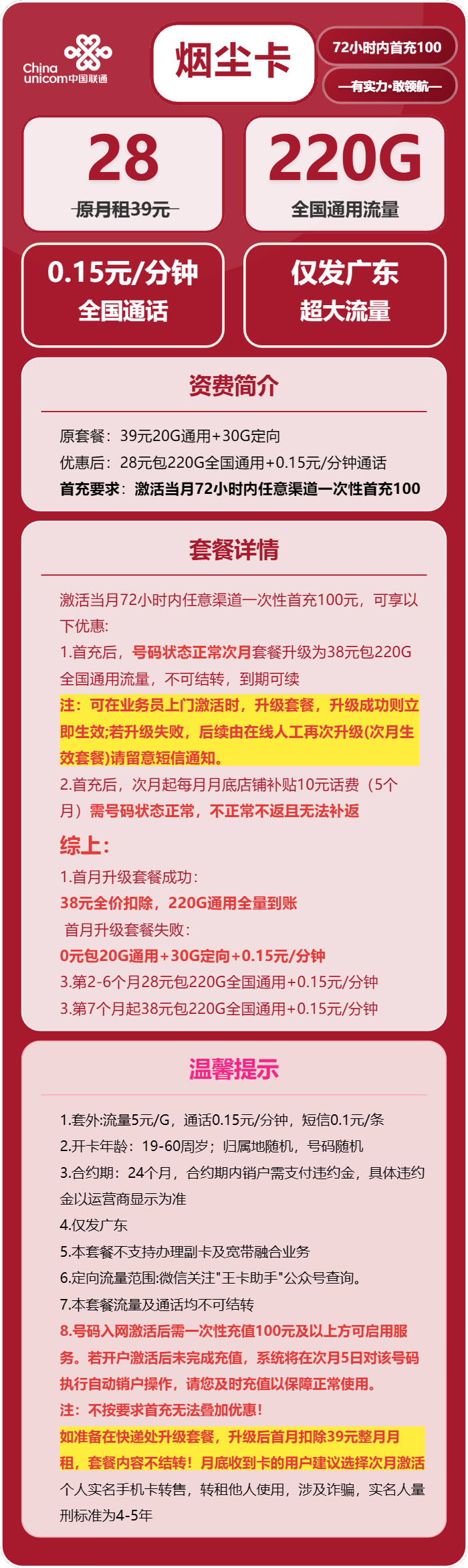 联通烟尘卡28元月包220G通用流量+通话0.15元/分钟（长期套餐，仅发广东省内）