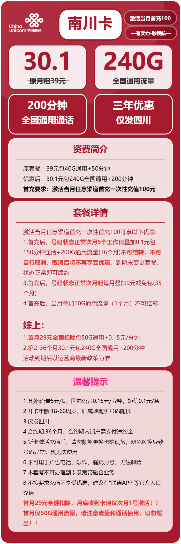 联通南川卡30.1元月包240G通用流量+200分钟通话(仅发四川省内)