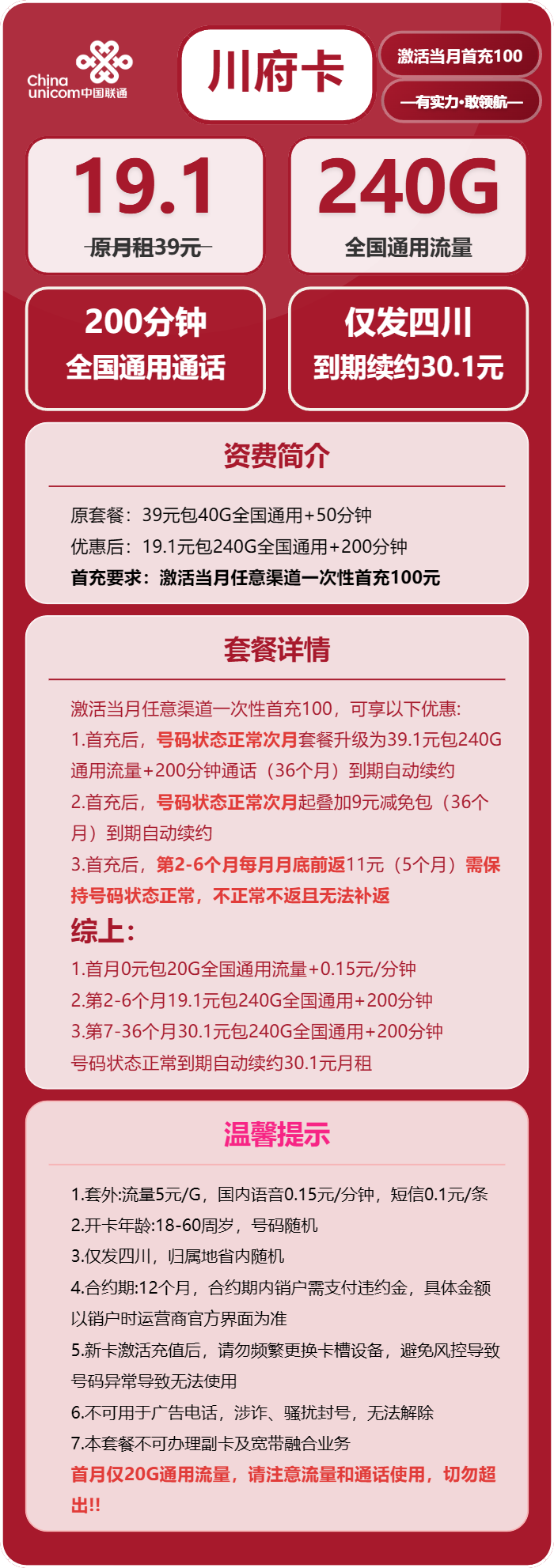 联通川府卡19.1元月包240G通用流量+200分钟通话(长期套餐,仅发四川省内)