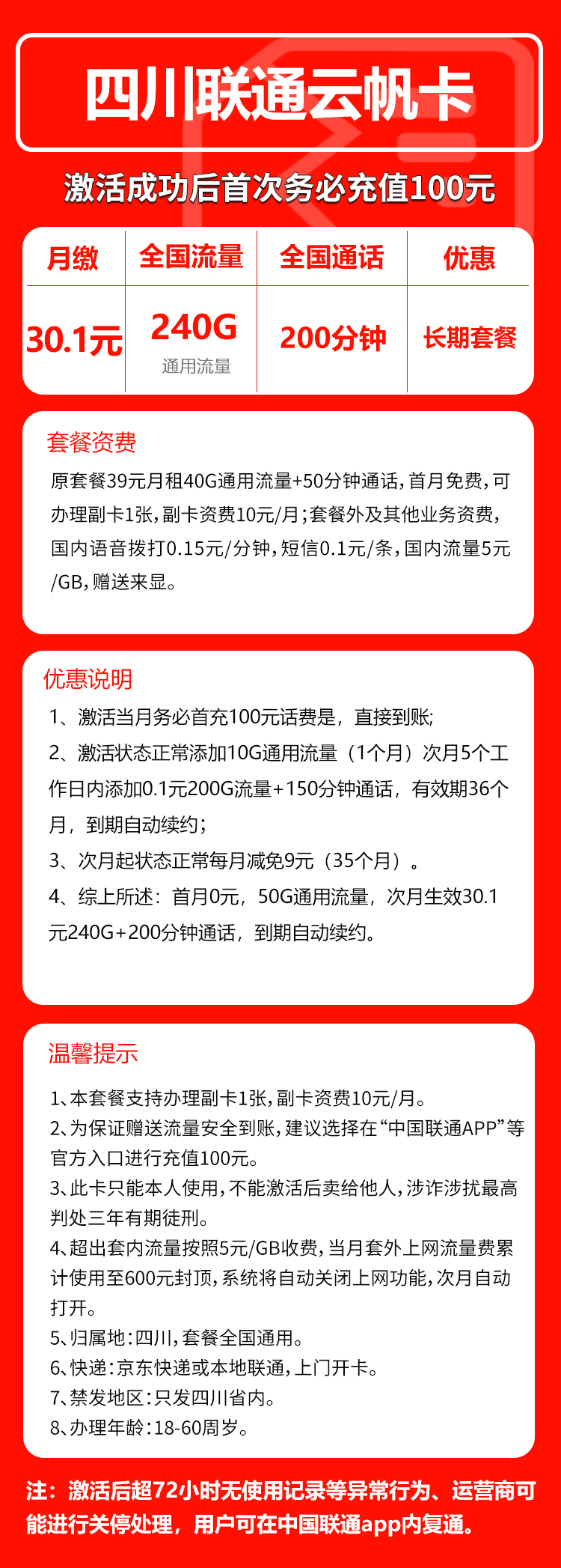 联通四川卡30.1元月包240G通用流量+200分钟通话(长期套餐,仅发四川省内)
