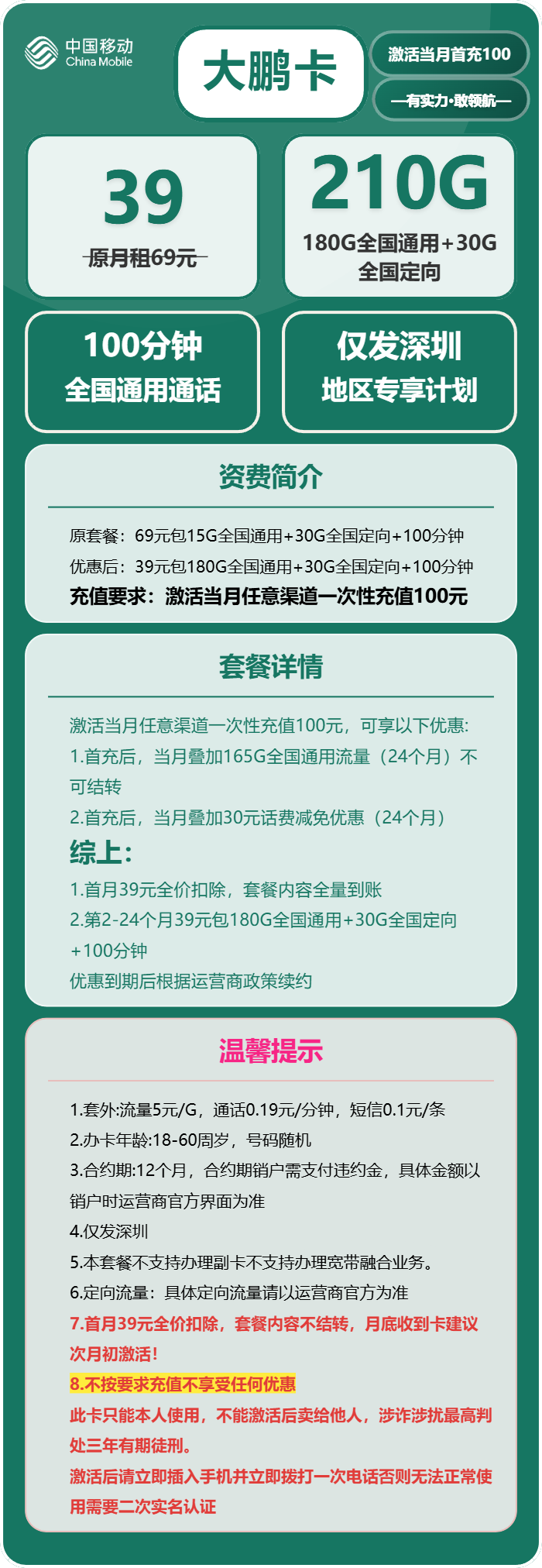 移动大鹏卡39元月包180G通用流量+30G定向流量+100分钟通话（仅发广东省深圳市）