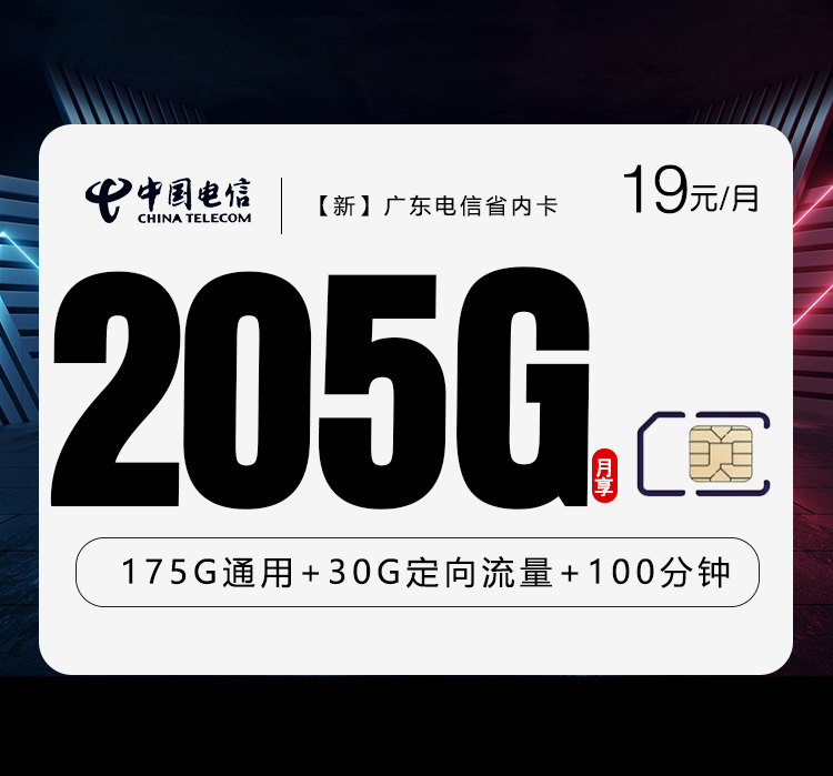 电信广东省内卡⑫19元月包175G通用流量+30G定向流量+100分钟通话（长期套餐，仅发广东省内）