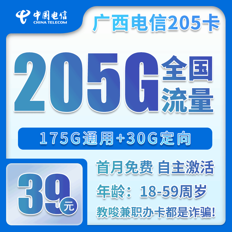 电信广西省内205卡39元月包175G通用流量+30G定向流量+300分钟通话（仅发广西省内）