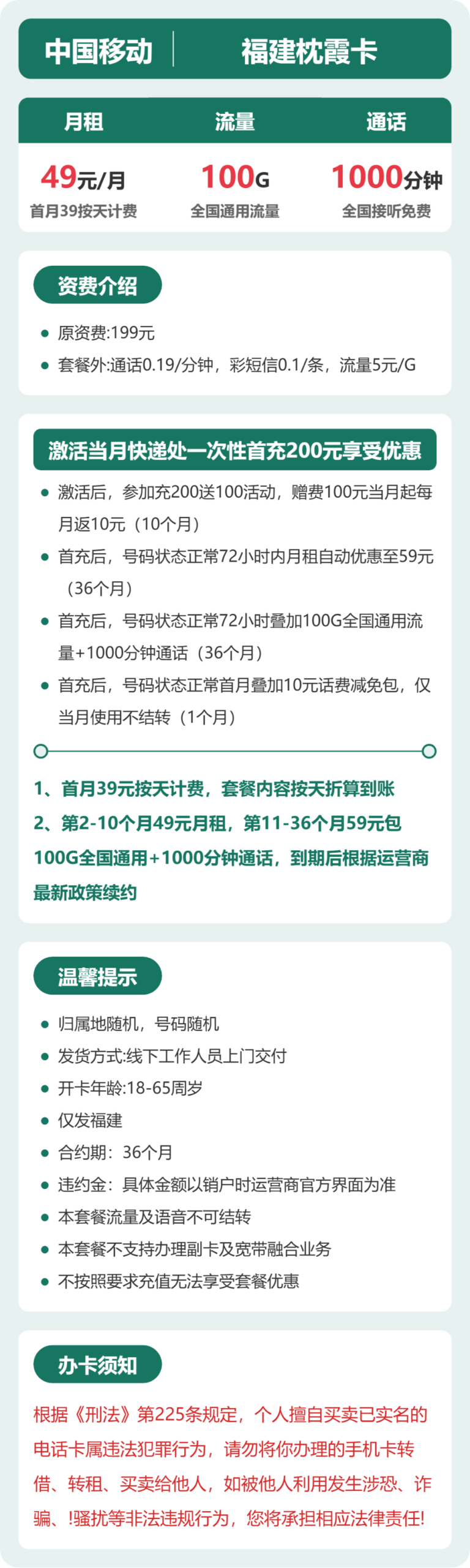 移动福建枕霞卡详情