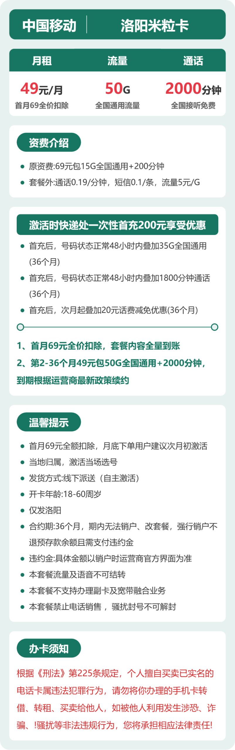 移动洛阳米粒卡详情