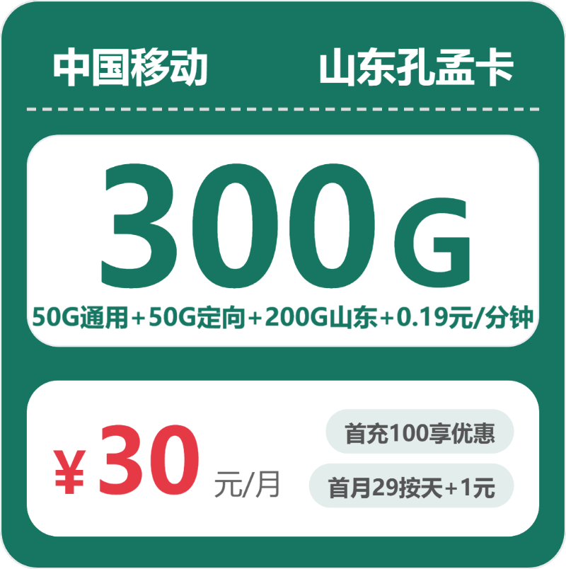 移动山东孔孟卡②30元每月50通用+200G山东通用+50G定向+通话0.19元/分钟-套餐明细