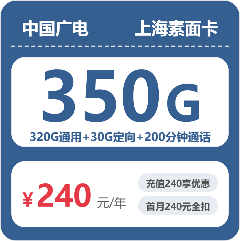广电上海素面卡240元每年320G通用+30G定向+200分钟通话-套餐说明