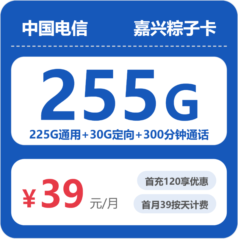 电信嘉兴粽子卡39元每月225G通用+30G定向+300分钟通话-套餐详解
