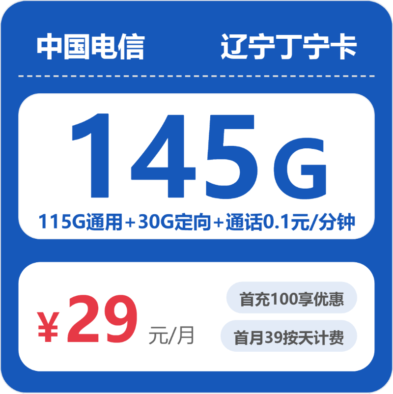 电信辽宁丁宁卡29元每月115G通用+30G定向+通话0.1元/分钟-套餐明细